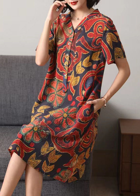 Bohemian Red V Neck Button Print Patchwork Cotton Mid Dress Summer