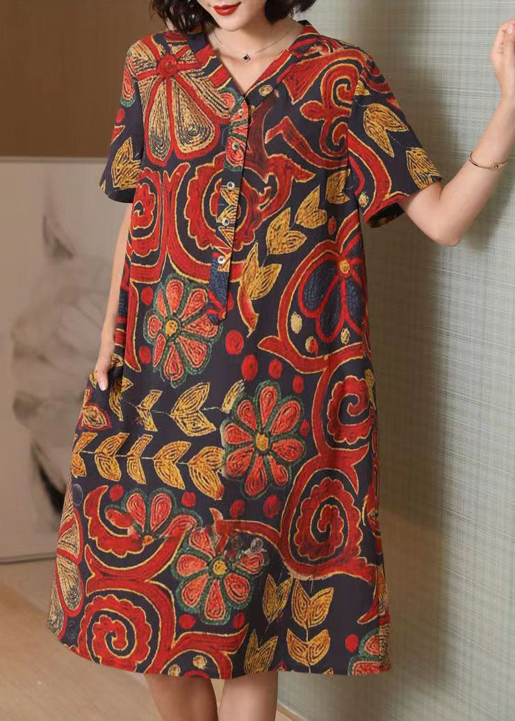 Bohemian Red V Neck Button Print Patchwork Cotton Mid Dress Summer