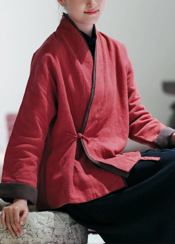 Bohemian Red V Neck Patchwork Fine Cotton Filled Coats Winter - Omychic