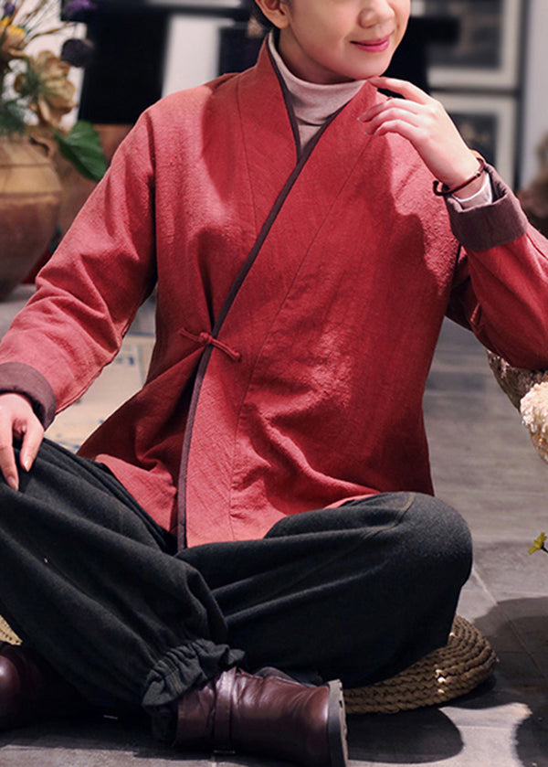 Bohemian Red V Neck Patchwork Fine Cotton Filled Coats Winter - Omychic