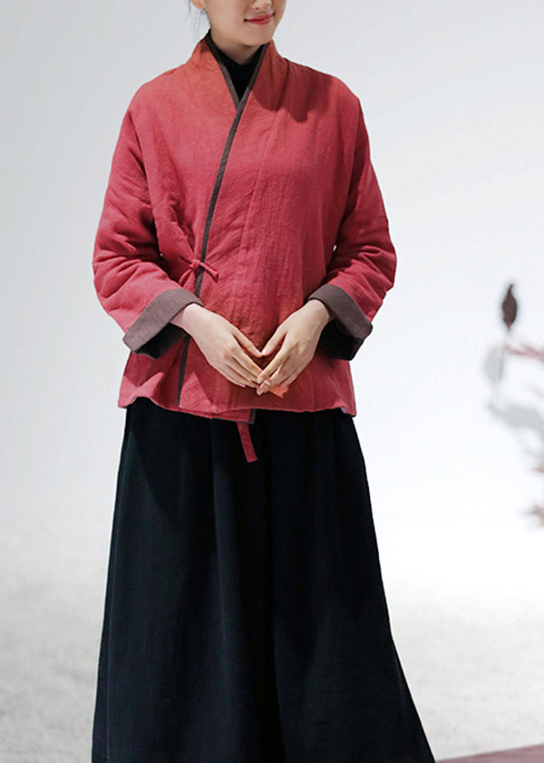 Bohemian Red V Neck Patchwork Fine Cotton Filled Coats Winter - Omychic