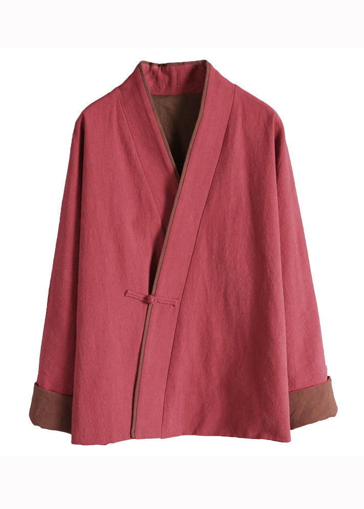 Bohemian Red V Neck Patchwork Fine Cotton Filled Coats Winter - Omychic