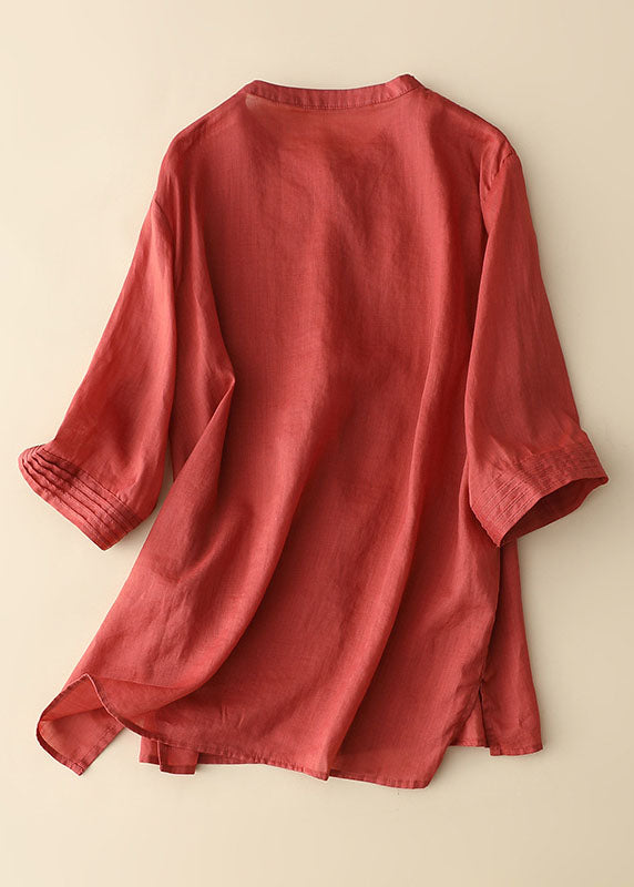 Bohemian Red Wrinkled Patchwork Linen Shirt Tops Bracelet Sleeve