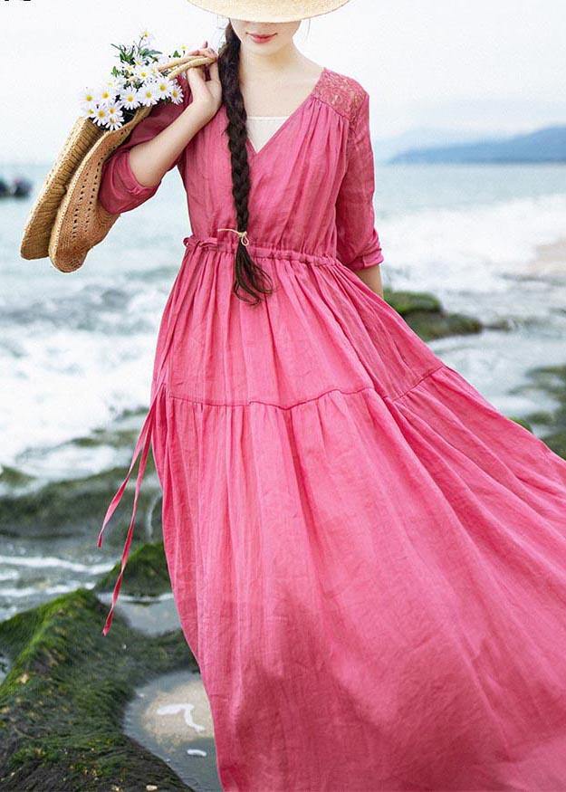 Bohemian Rose Patchwork Lace Pockets Maxi Summer Linen Dress - Omychic