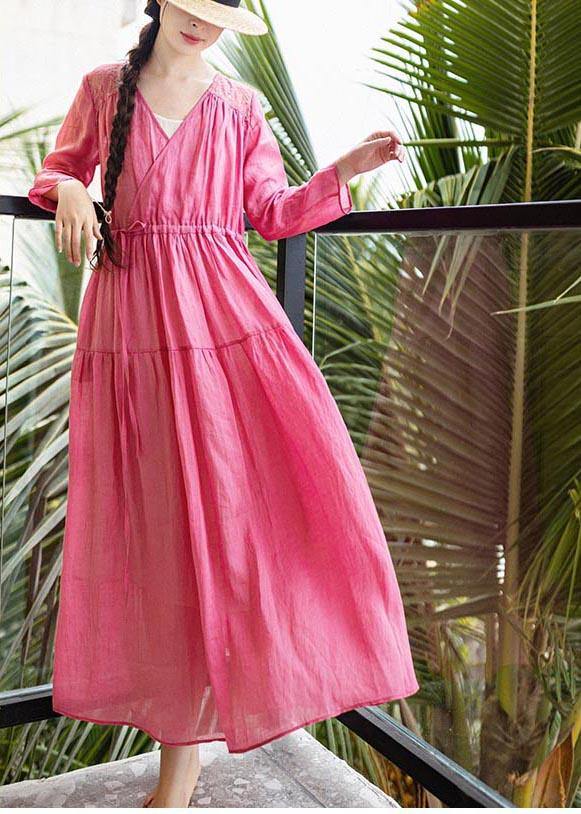 Bohemian Rose Patchwork Lace Pockets Maxi Summer Linen Dress - Omychic