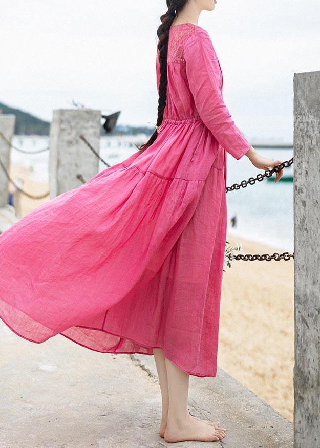 Bohemian Rose Patchwork Lace Pockets Maxi Summer Linen Dress - Omychic