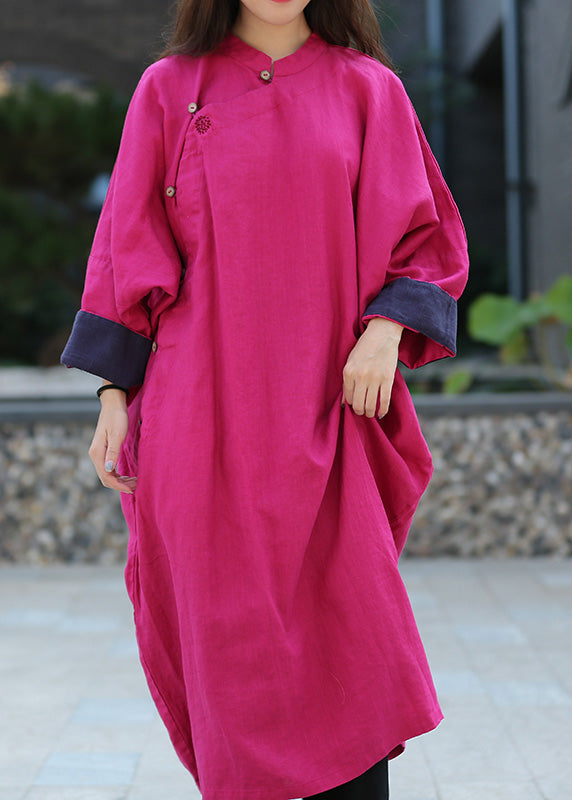 Bohemian Rose Stand Collar Button Linen Maxi Dress Spring