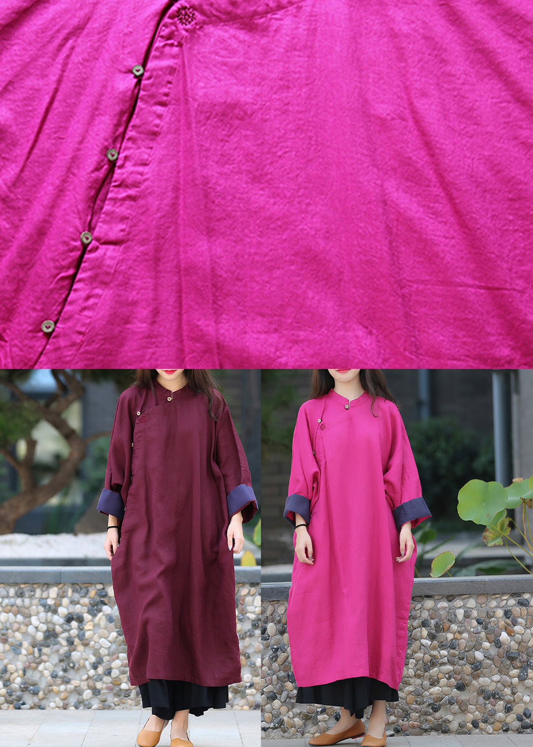 Bohemian Rose Stand Collar Button Linen Maxi Dress Spring