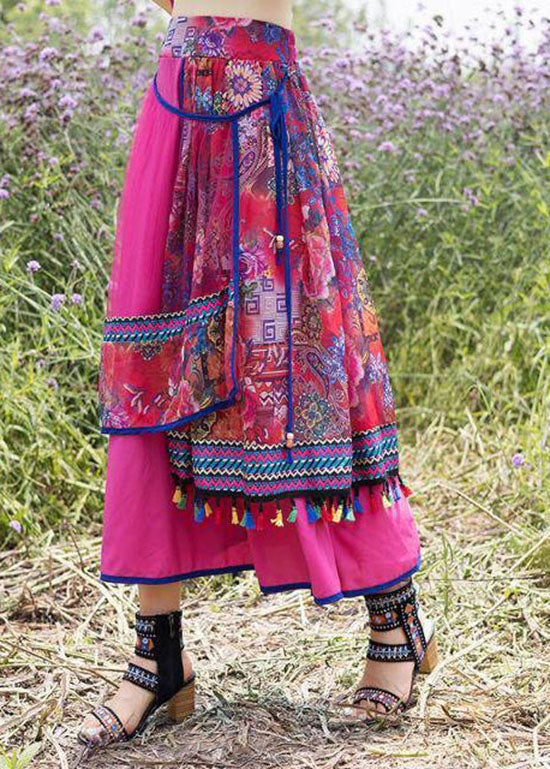 Bohemian Rose Wrinkled Tasseled Patchwork Print Tulle Skirt Spring