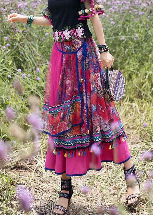 Bohemian Rose Wrinkled Tasseled Patchwork Print Tulle Skirt Spring