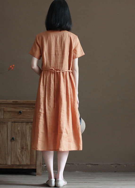 Bohemian Solid Orange V Neck Wrinkled Linen Cinch Dress Short Sleeve