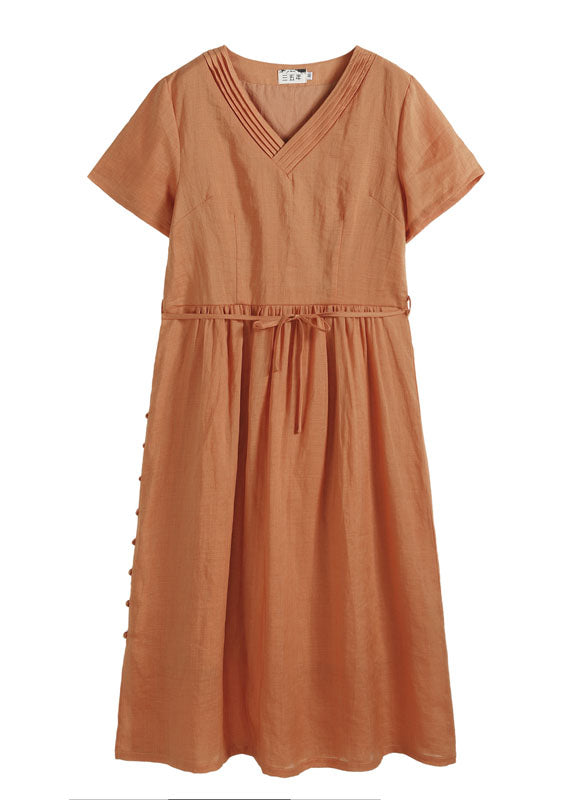 Bohemian Solid Orange V Neck Wrinkled Linen Cinch Dress Short Sleeve