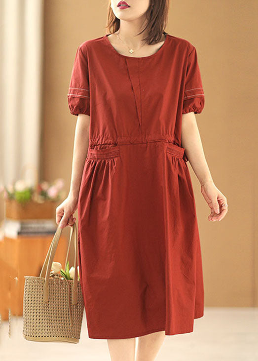 Bohemian Solid Red O-Neck Drawstring Cotton Holiday Dress Short Sleeve