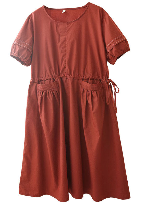 Bohemian Solid Red O-Neck Drawstring Cotton Holiday Dress Short Sleeve