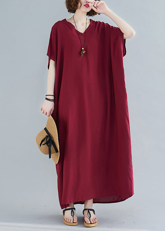 Bohemian Solid Red V Neck Cotton Ankle Dress Short Sleeve