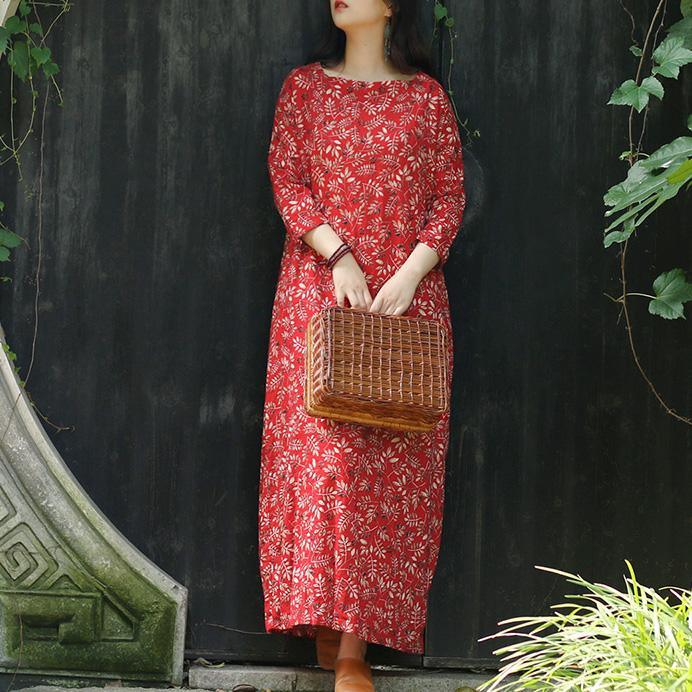 Bohemian Square Collar tie waist linen clothes plus size Sewing red print long Dress Summer - Omychic