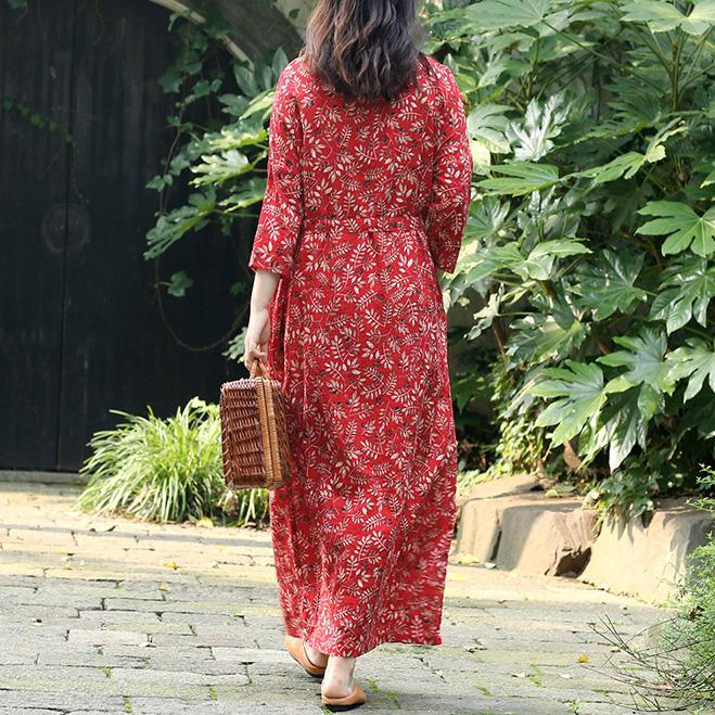 Bohemian Square Collar tie waist linen clothes plus size Sewing red print long Dress Summer - Omychic