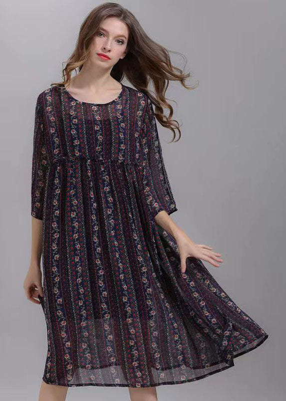 Bohemian Striped O Neck Wrinkled Patchwork Chiffon Dresses Half Sleeve