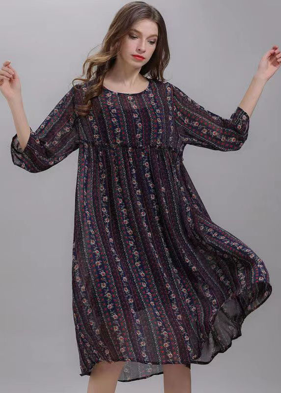 Bohemian Striped O Neck Wrinkled Patchwork Chiffon Dresses Half Sleeve