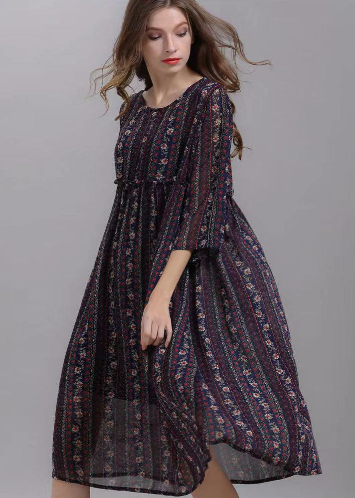 Bohemian Striped O Neck Wrinkled Patchwork Chiffon Dresses Half Sleeve