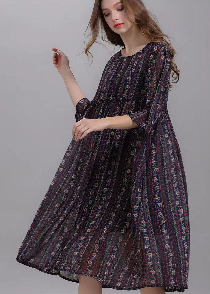 Bohemian Striped O Neck Wrinkled Patchwork Chiffon Dresses Half Sleeve