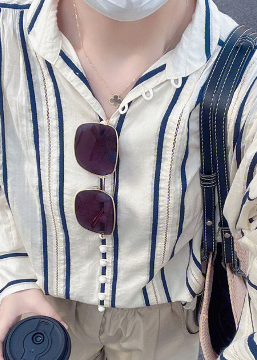 Bohemian Striped Stand Collar Cotton Shirts Tops Spring