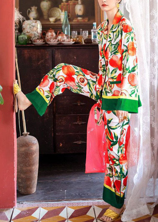 Bohemian Turn-down Collar Oversized Print Ice Silk Pajamas Two Pieces Set Spring