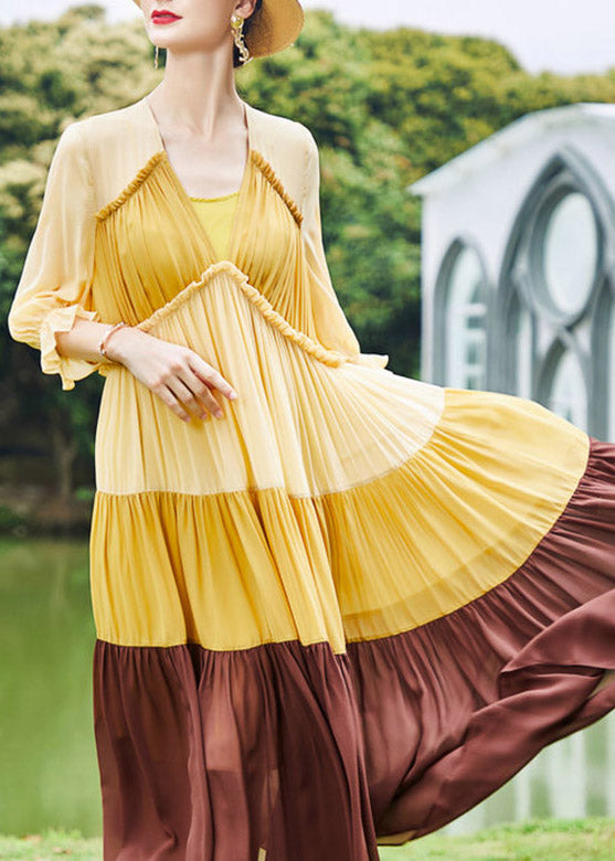 Bohemian V Neck Patchwork Silk Maxi A Line Dresses Spring