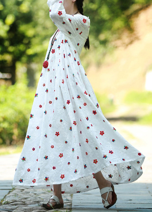 Bohemian White Cinched Embroidery High-waisted Long Dresses Long Sleeve - Omychic