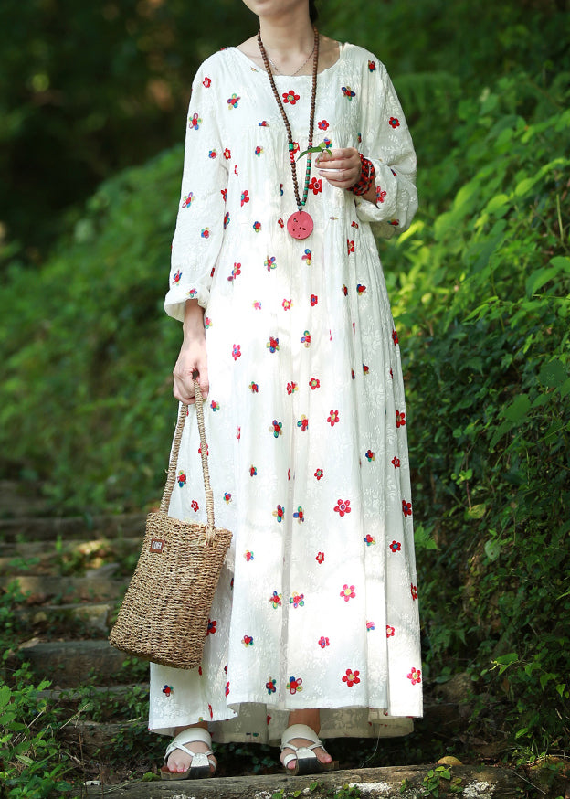 Bohemian White Cinched Embroidery High-waisted Long Dresses Long Sleeve