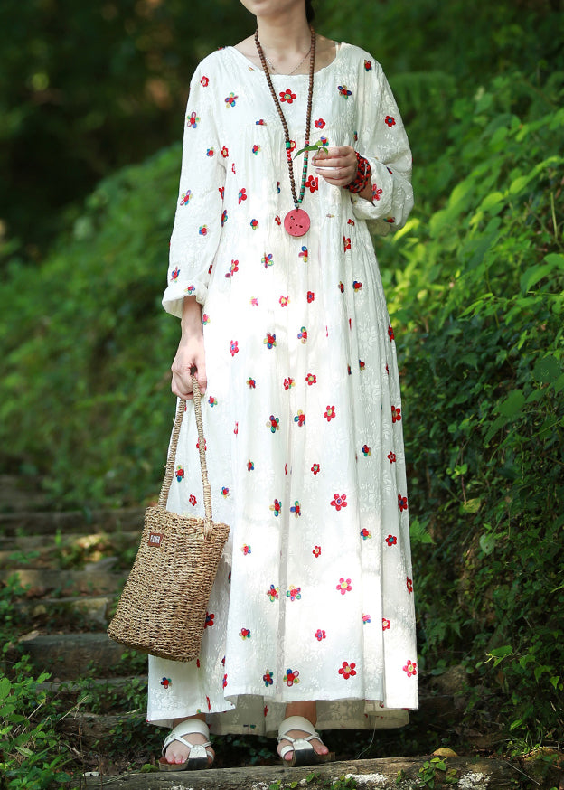 Bohemian White Cinched Embroidery High-waisted Long Dresses Long Sleeve - Omychic