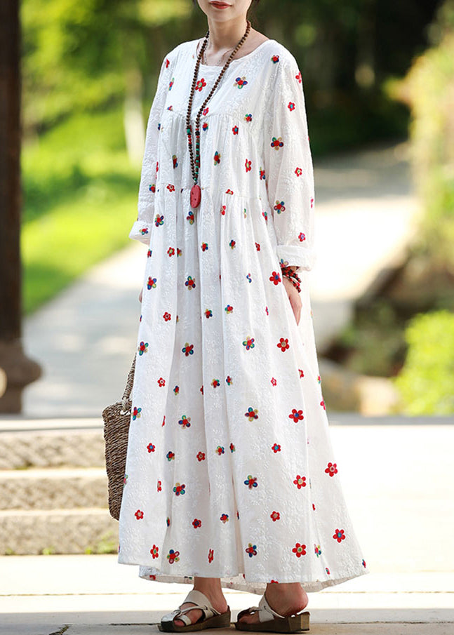Bohemian White Cinched Embroidery High-waisted Long Dresses Long Sleeve - Omychic