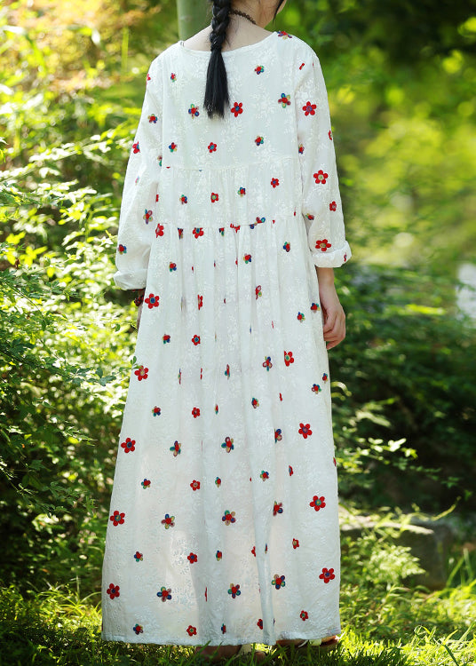 Bohemian White Cinched Embroidery High-waisted Long Dresses Long Sleeve - Omychic