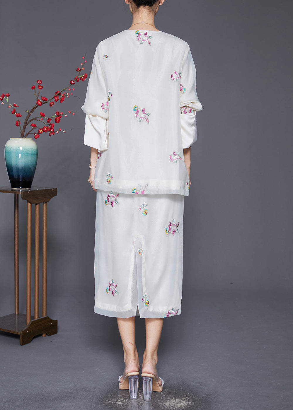 Bohemian White Embroideried Chinese Button Silk Two-Piece Set Fall
