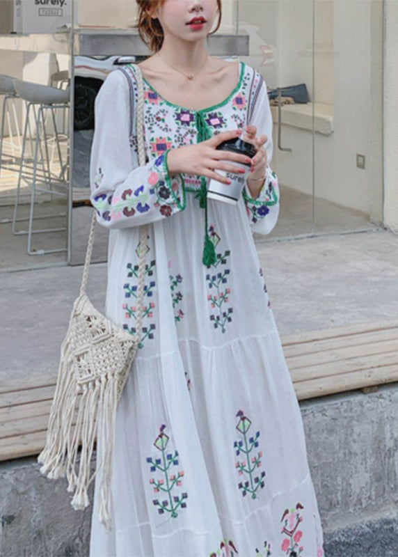 Bohemian White O-Neck Embroideried Floral Cotton Holiday Dresses Long Sleeve