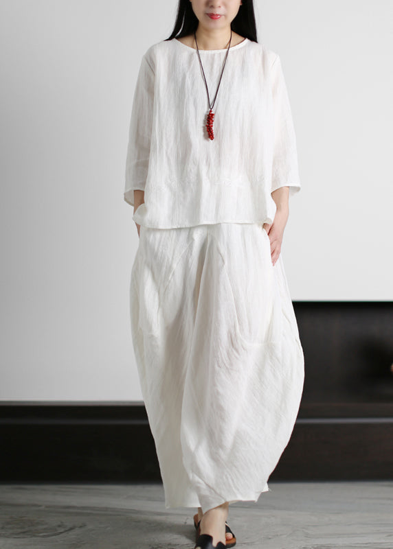 Bohemian White O-Neck Linen Tops And Harm Pants Two Pieces Set Three Quarter sleeve
