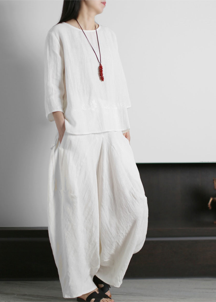 Bohemian White O-Neck Linen Tops And Harm Pants Two Pieces Set Three Quarter sleeve