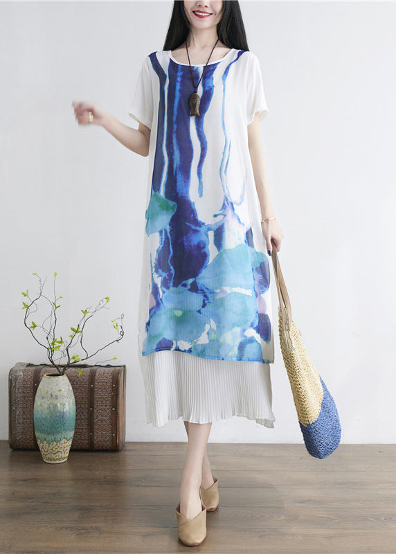 Bohemian White O-Neck Print Patchwork Layered Maxi Dress Short Sleeve