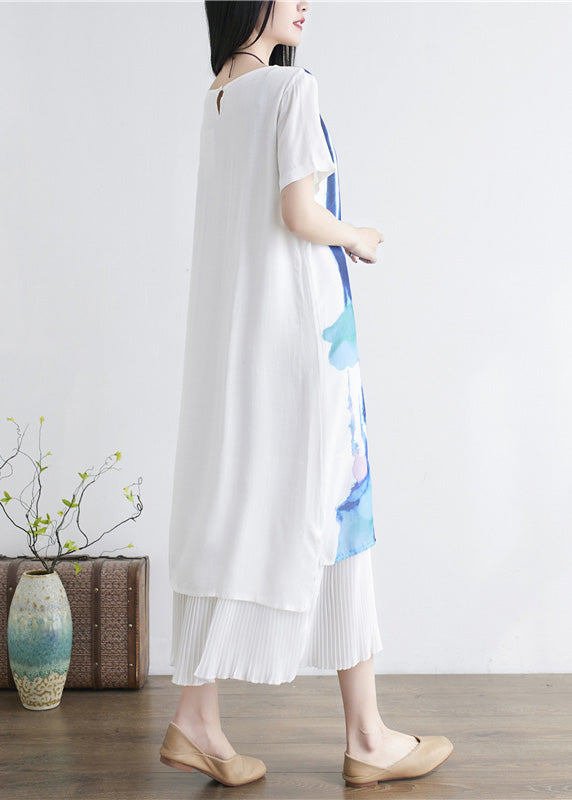 Bohemian White O-Neck Print Patchwork Layered Maxi Dress Short Sleeve