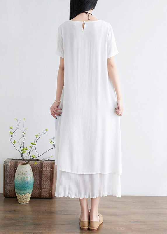 Bohemian White O-Neck Print Patchwork Layered Maxi Dress Short Sleeve