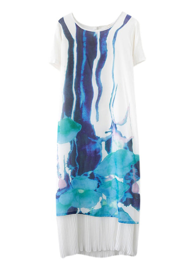 Bohemian White O-Neck Print Patchwork Layered Maxi Dress Short Sleeve