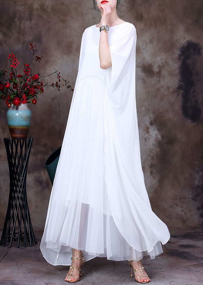 Bohemian White O-Neck asymmetrical design Chiffon Cloak Dress Batwing Sleeve