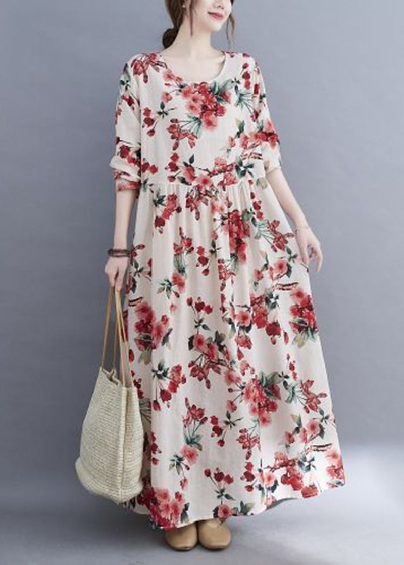 Bohemian White Oversized Floral Print Cotton Holiday Dress