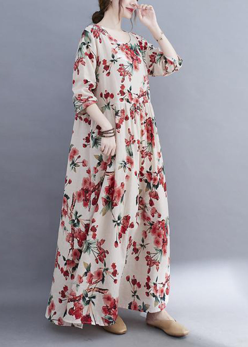 Bohemian White Oversized Floral Print Cotton Holiday Dress