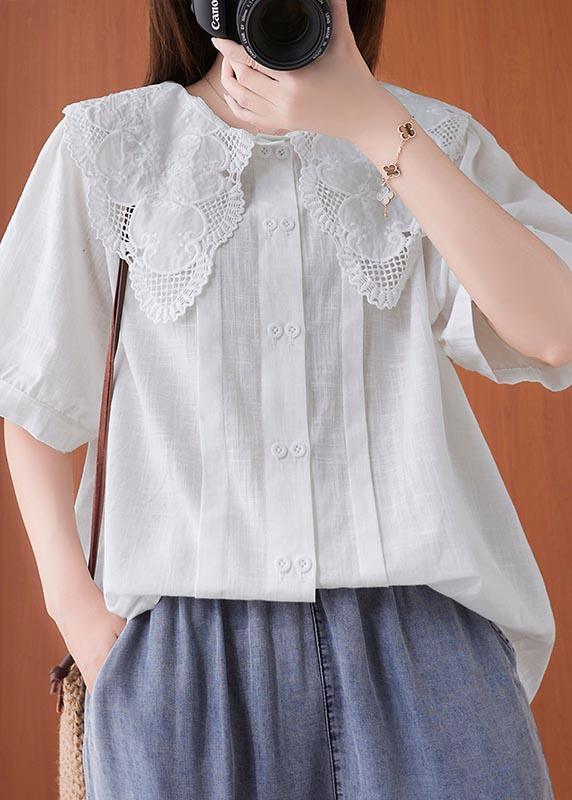 Bohemian White Peter Pan Collar Button Cotton Linen Tops Summer - Omychic