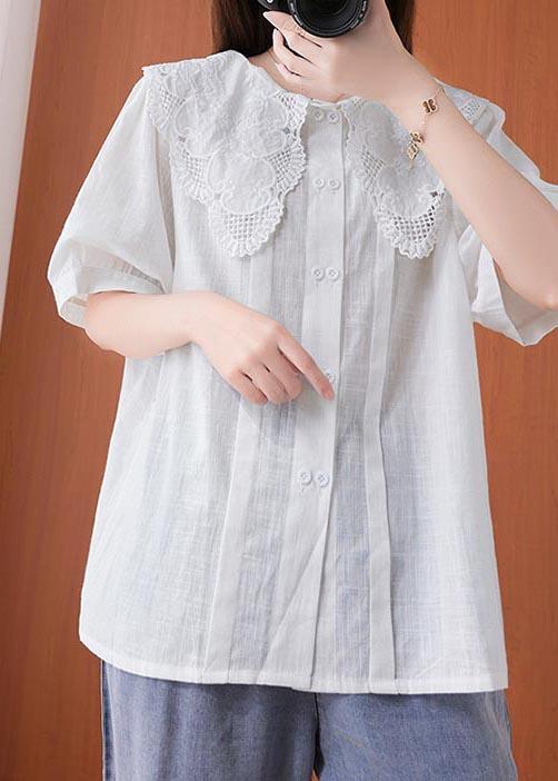 Bohemian White Peter Pan Collar Button Cotton Linen Tops Summer - Omychic