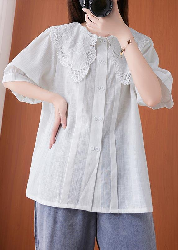 Bohemian White Peter Pan Collar Button Cotton Linen Tops Summer - Omychic