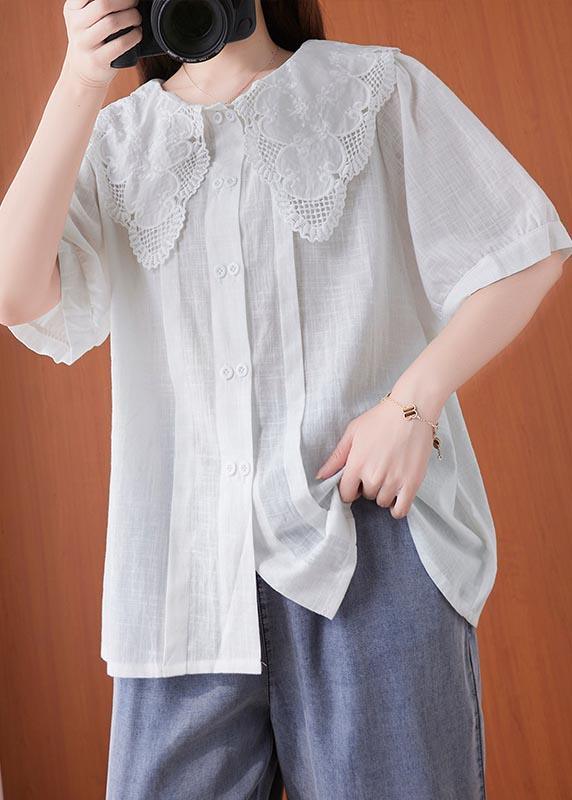 Bohemian White Peter Pan Collar Button Cotton Linen Tops Summer - Omychic