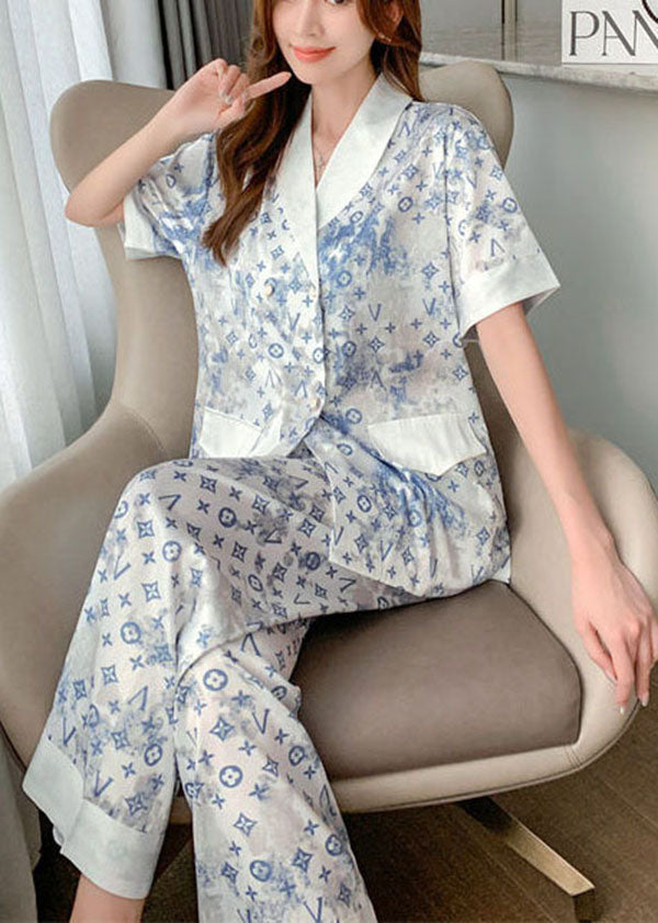 Bohemian White Print Oversized Draping Ice Silk Pajamas Women Sets 2 Pieces Short Sleeve