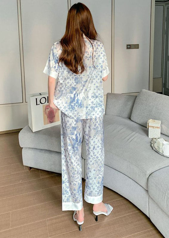 Bohemian White Print Oversized Draping Ice Silk Pajamas Women Sets 2 Pieces Short Sleeve